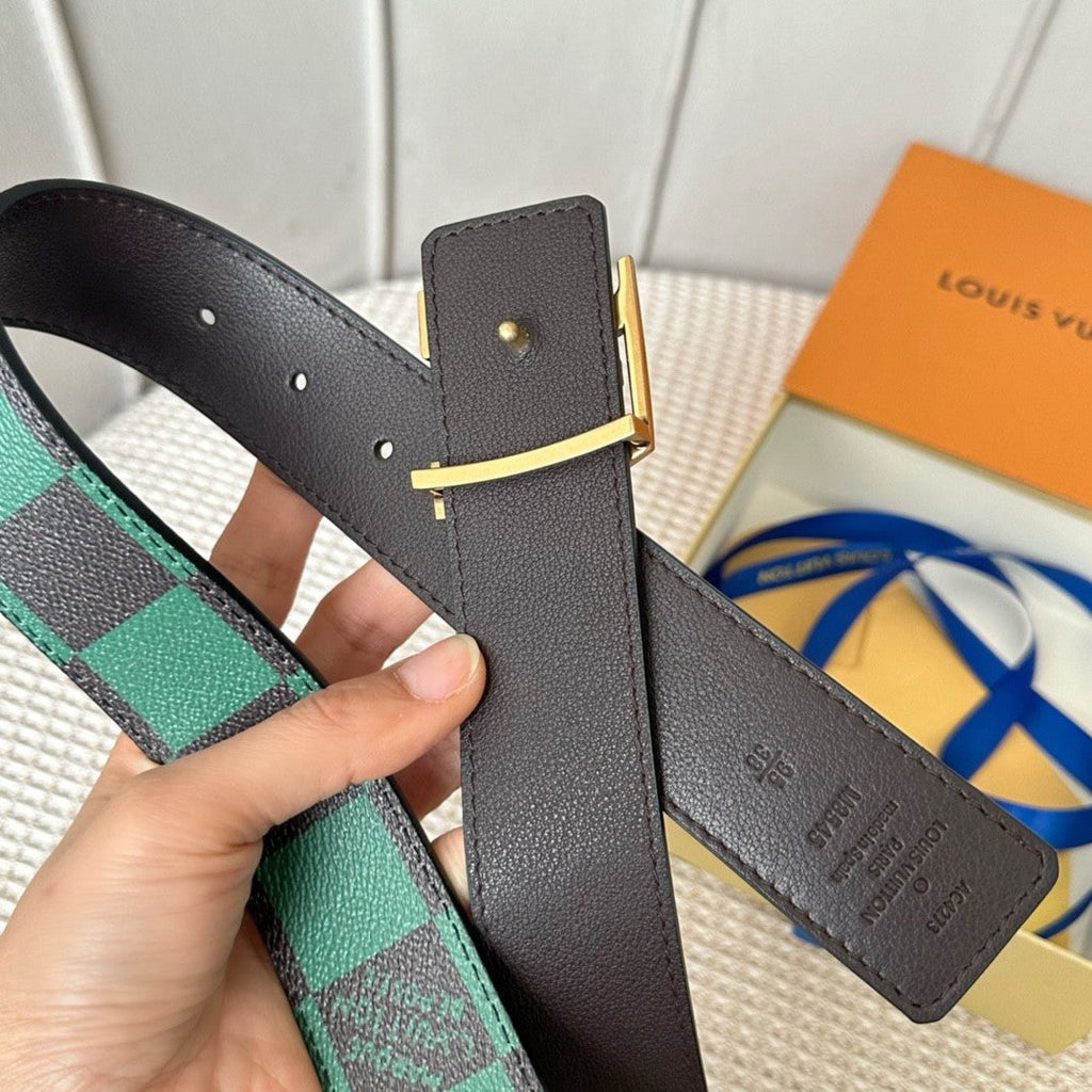 40MM Double Sided Green Check Canvas Men Belt Gold Tone Letter Buckle Designer Inspired Reversible Waist Belt