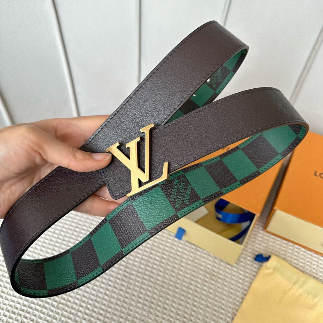40MM Double Sided Green Check Canvas Men Belt Gold Tone Letter Buckle Designer Inspired Reversible Waist Belt