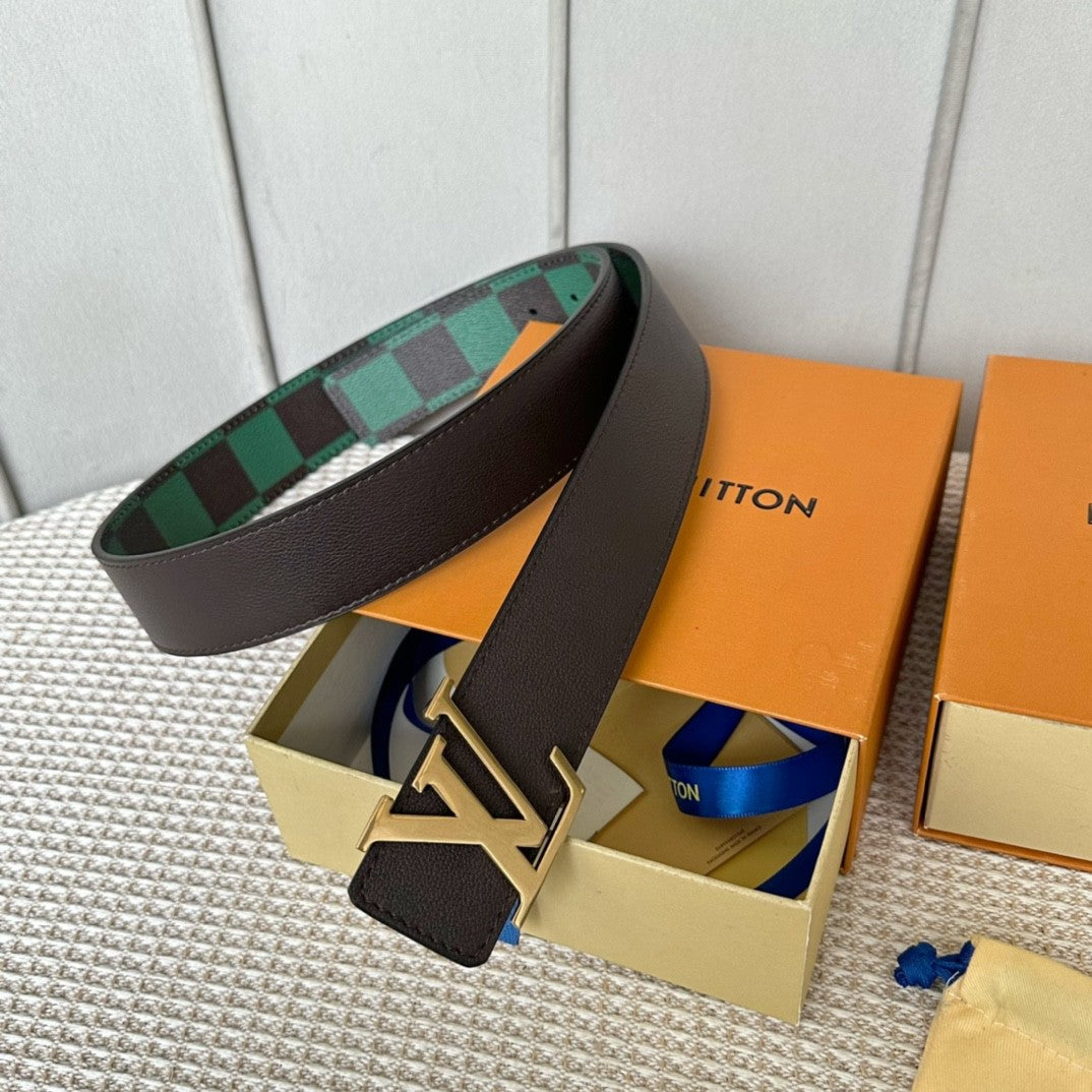 40MM Double Sided Green Check Canvas Men Belt Gold Tone Letter Buckle Designer Inspired Reversible Waist Belt