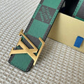 40MM Double Sided Green Check Canvas Men Belt Gold Tone Letter Buckle Designer Inspired Reversible Waist Belt