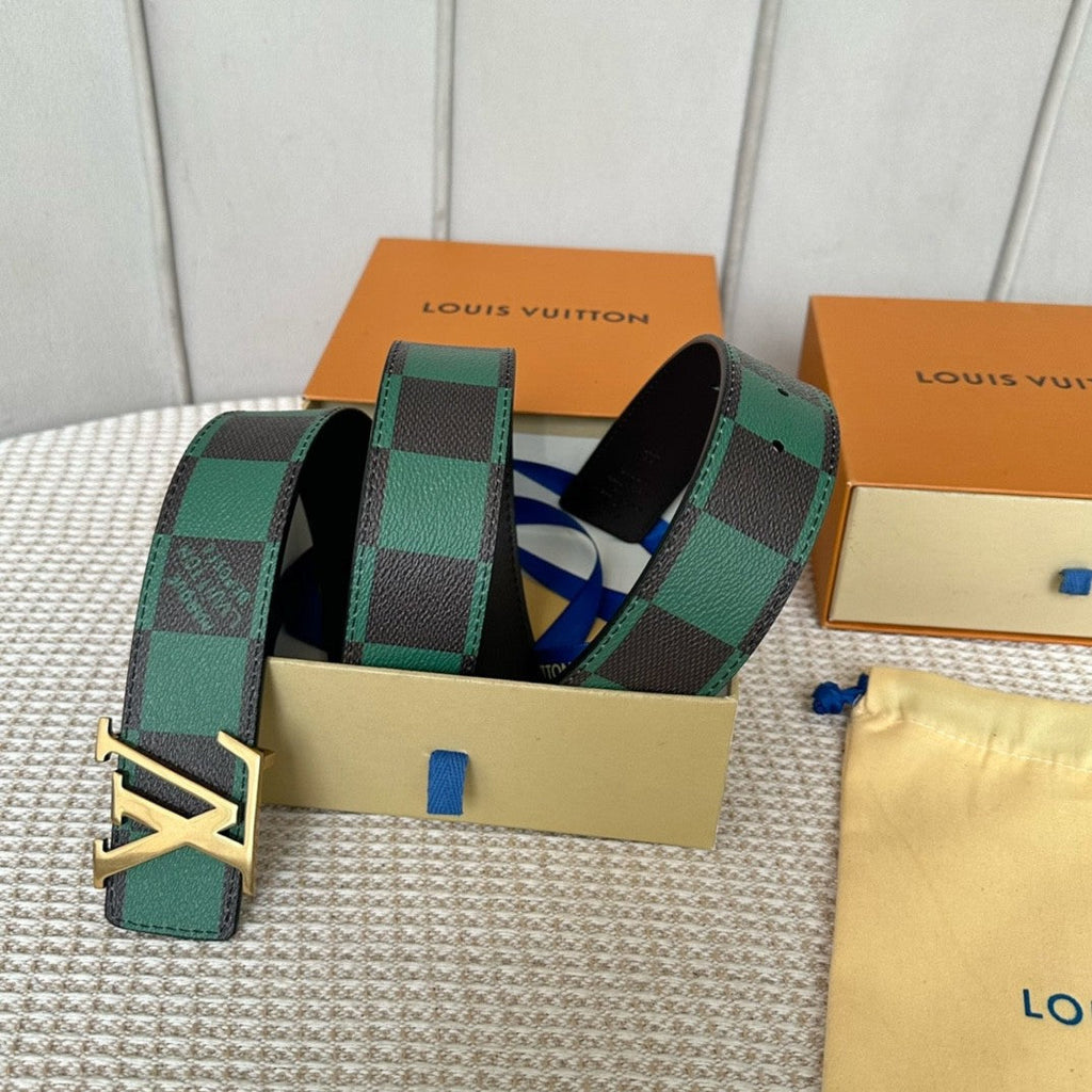 40MM Double Sided Green Check Canvas Men Belt Gold Tone Letter Buckle Designer Inspired Reversible Waist Belt