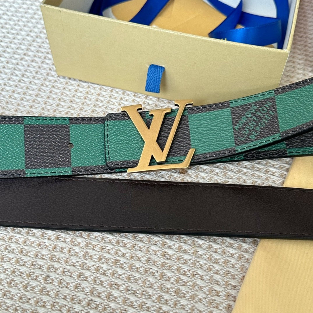 40MM Double Sided Green Check Canvas Men Belt Gold Tone Letter Buckle Designer Inspired Reversible Waist Belt