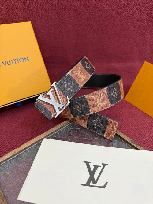 40MM Double Sided Monogram Canvas Cowhide Men Belt Silver Tone Letter Buckle Designer Inspired Reversible Waist Belt