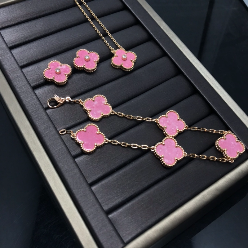 VAB60  New Women's Rose Pink Belly Earnail Bracelet, Necklace Set Jewelry