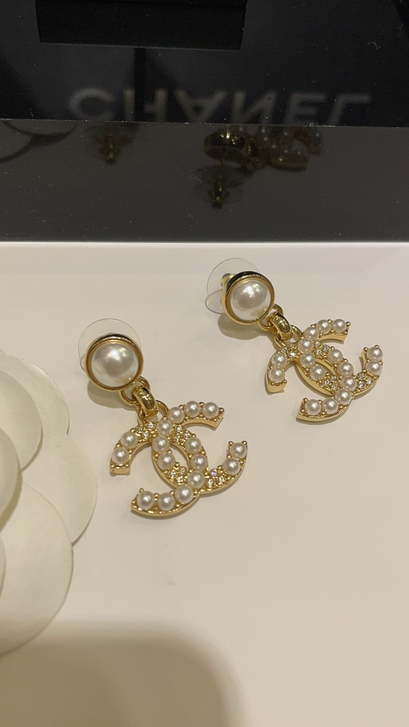CHE88  Women's rhinestone pearl double C pendant earrings jewelry