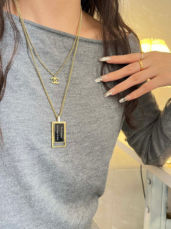X012   Women's titanium steel double black square necklace jewelry