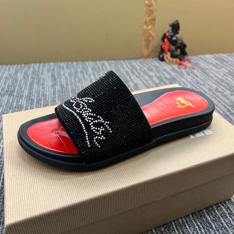 YCL10 Women Christian Louboutin Red Sole Rhinestone Leather Slippers High Quality With Box