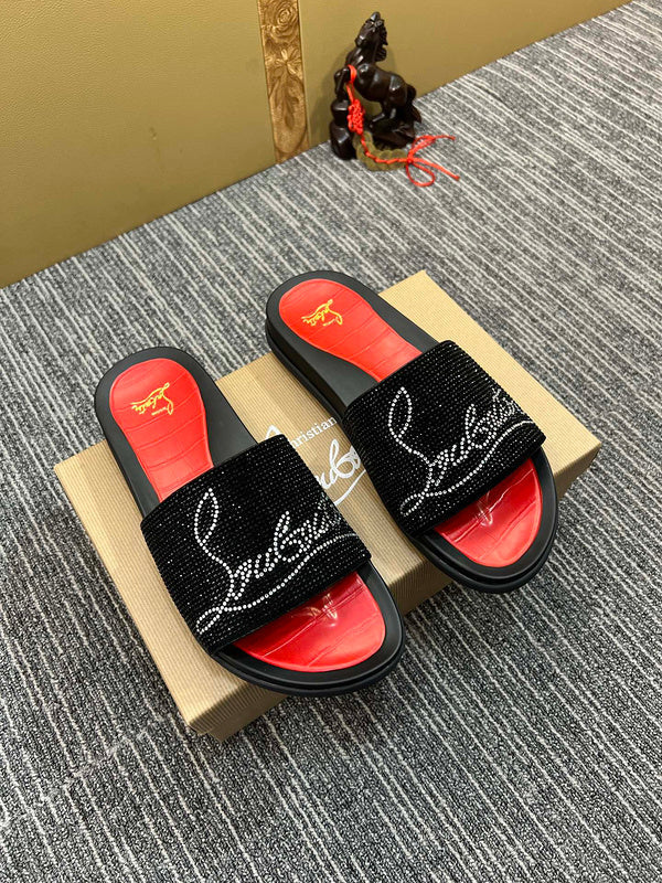 YCL10 Women Christian Louboutin Red Sole Rhinestone Leather Slippers High Quality With Box