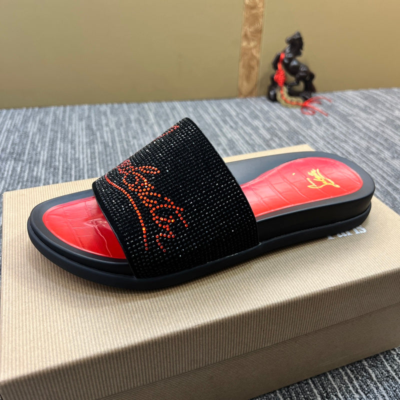 YCL10 Women Christian Louboutin Red Sole Rhinestone Leather Slippers High Quality With Box
