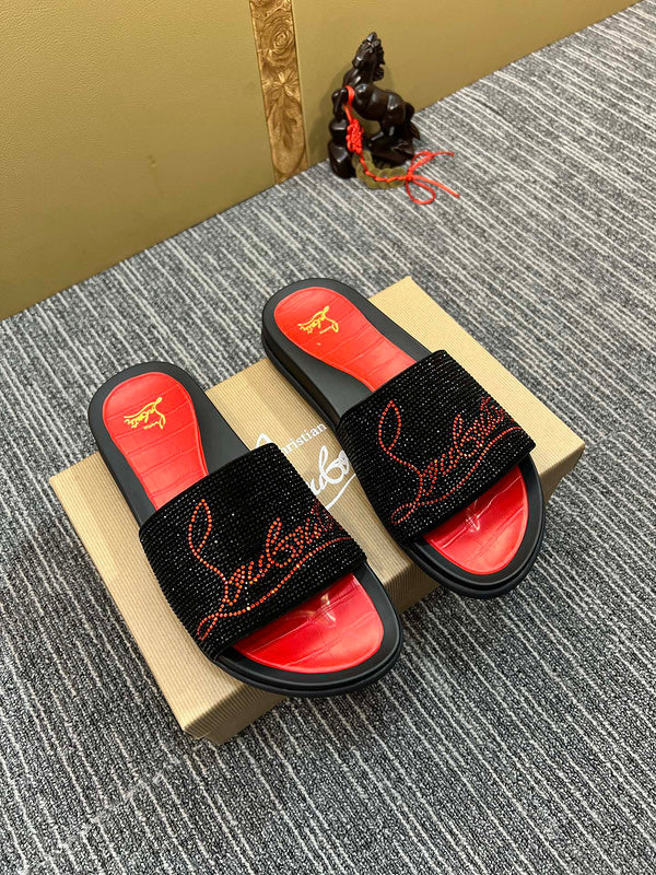 YCL10 Women Christian Louboutin Red Sole Rhinestone Leather Slippers High Quality With Box