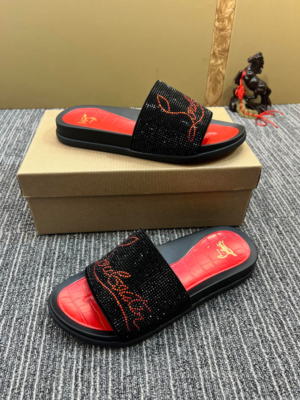 YCL10 Women Christian Louboutin Red Sole Rhinestone Leather Slippers High Quality With Box