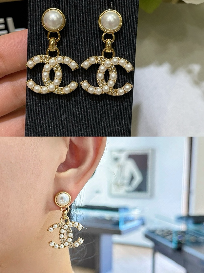 CHE88  Women's rhinestone pearl double C pendant earrings jewelry